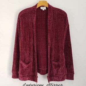Stitch And Knot Cardigan Chenille Sweater Red Purple Open Front Pockets Womens S